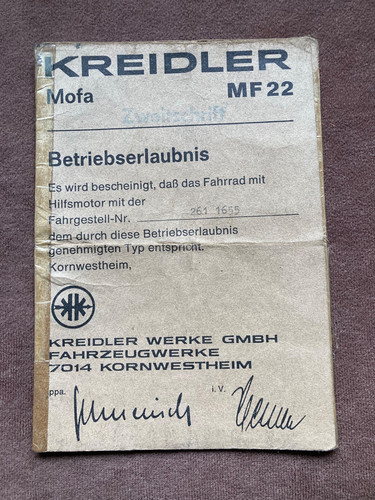 Betriebserlaubnis kreidler - betriebserlaubnis, mf